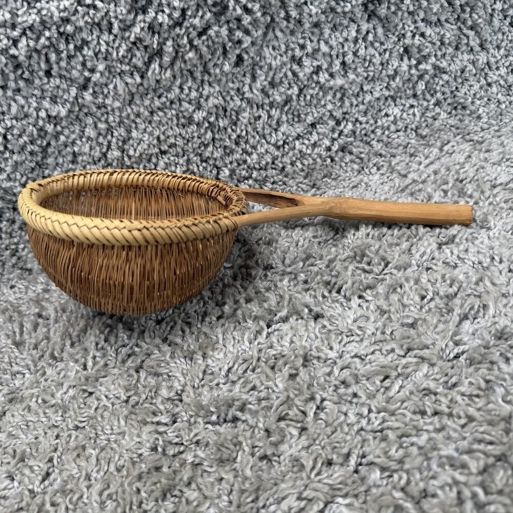 Vintage Rattan Wooden Ladle Primitive Scoop Strainer Kitchen Decor